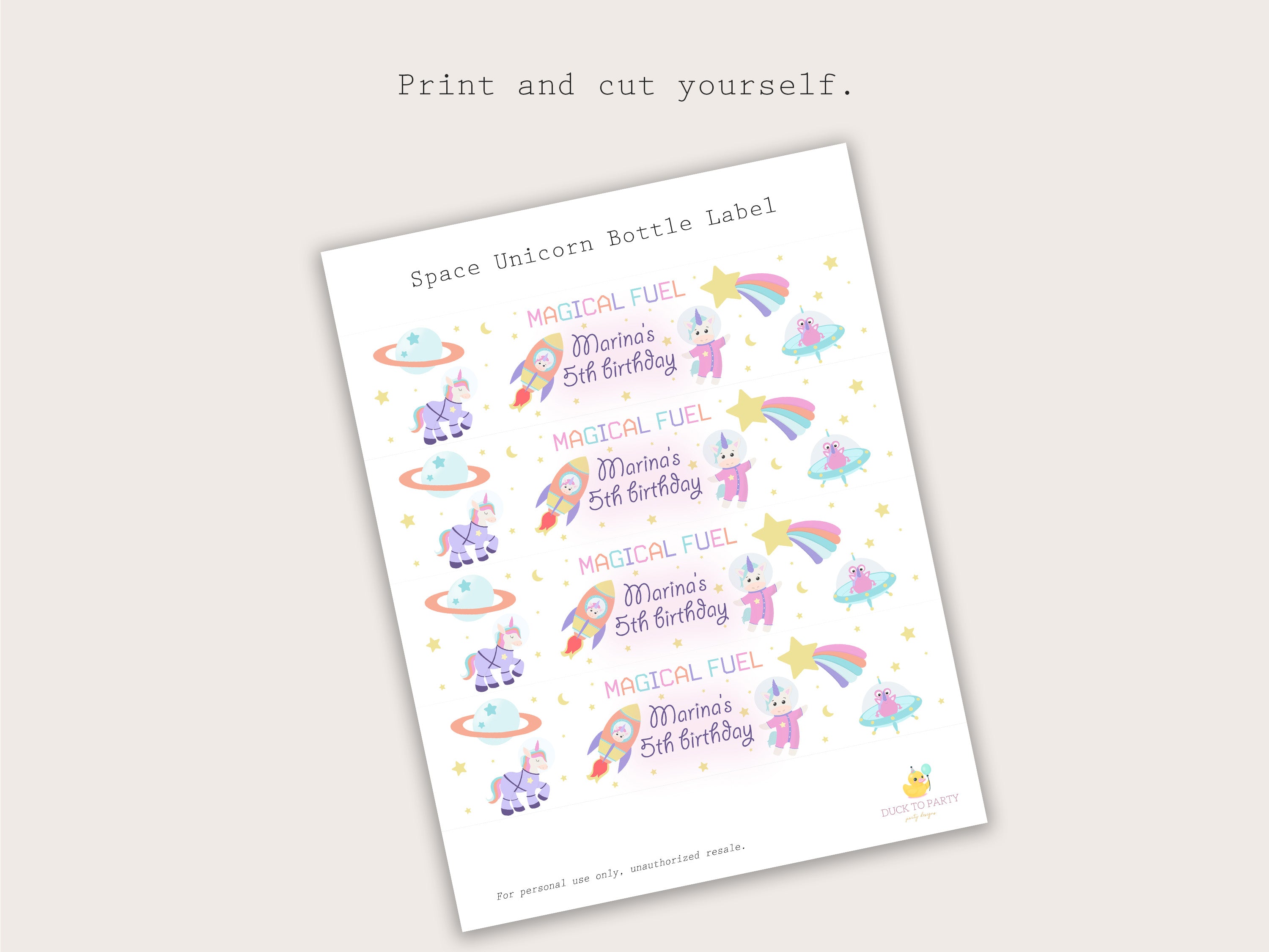 Astronaut Unicorn Bottle Labels - Printable & Customizable